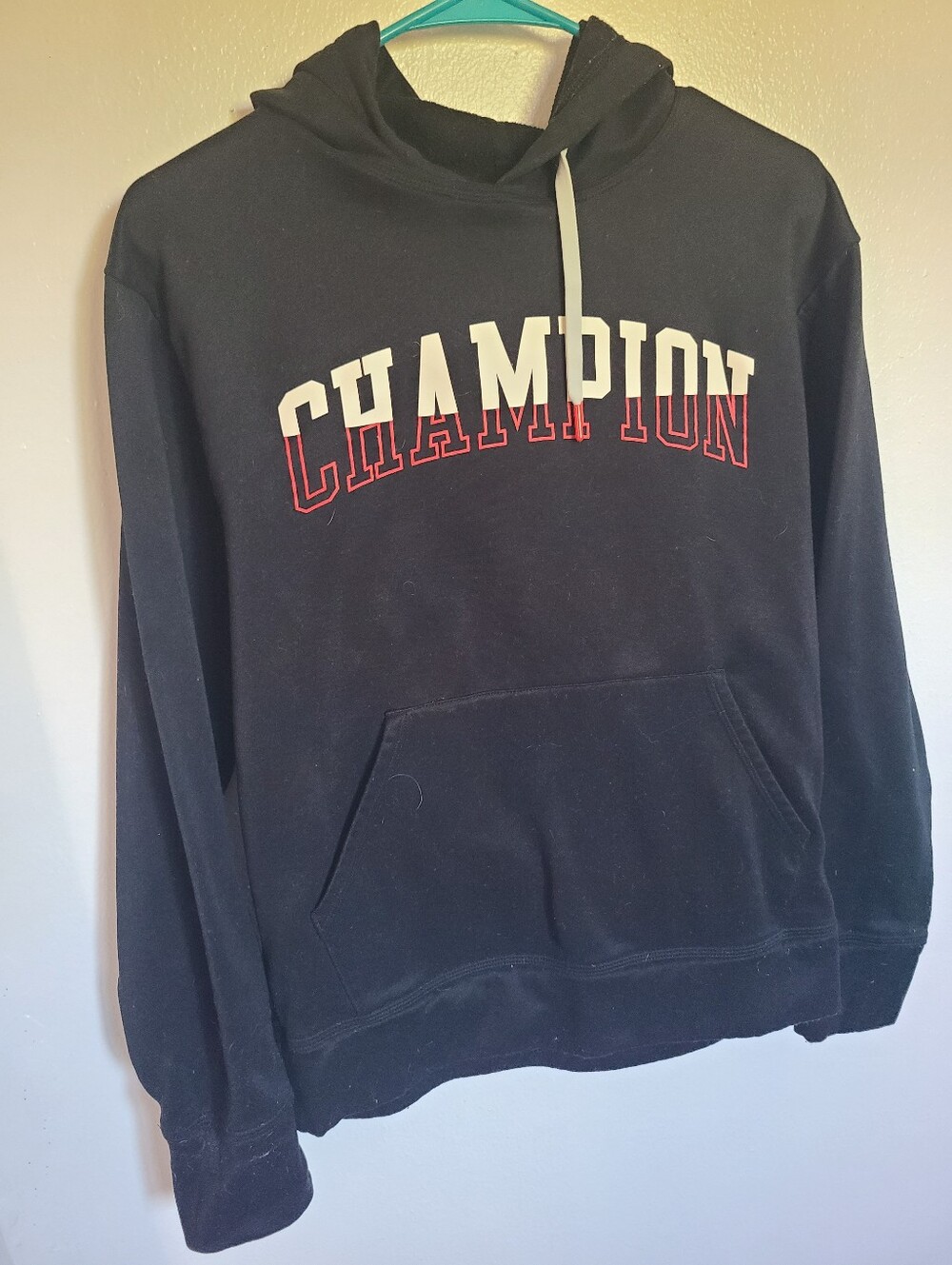 Champion Black Crewneck Hoodie with White and Red Logo